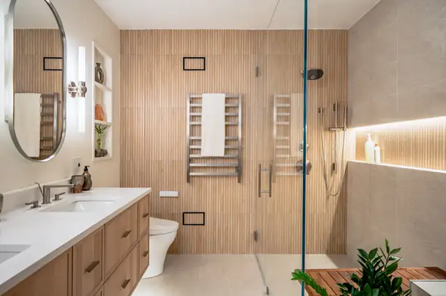 Bethesda, MD bathroom on Edgemoor Lane with ribbed wood-look wall tile, a frameless glass shower, heated towel rail and floating oak vanity